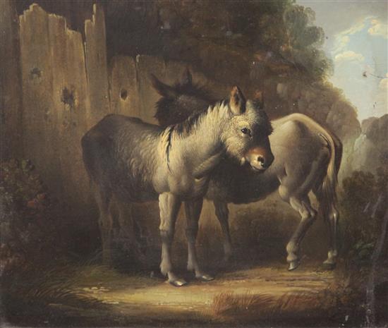 Attributed to George Morland (1763-1864) Donkeys beside a fence, 10 x 12in.